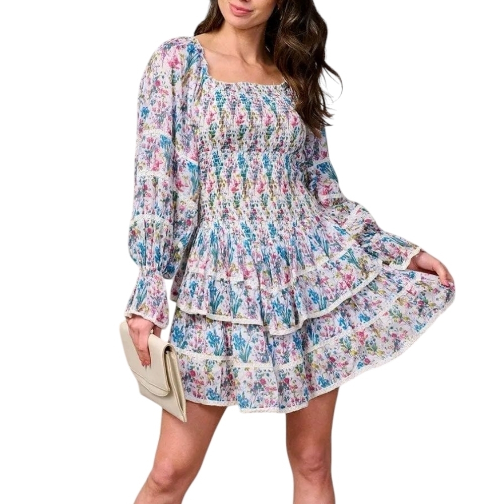 NJ Couture Long Sleeve‎ Floral Smocked Mini Dress Square Neck Tiered Lace Trim